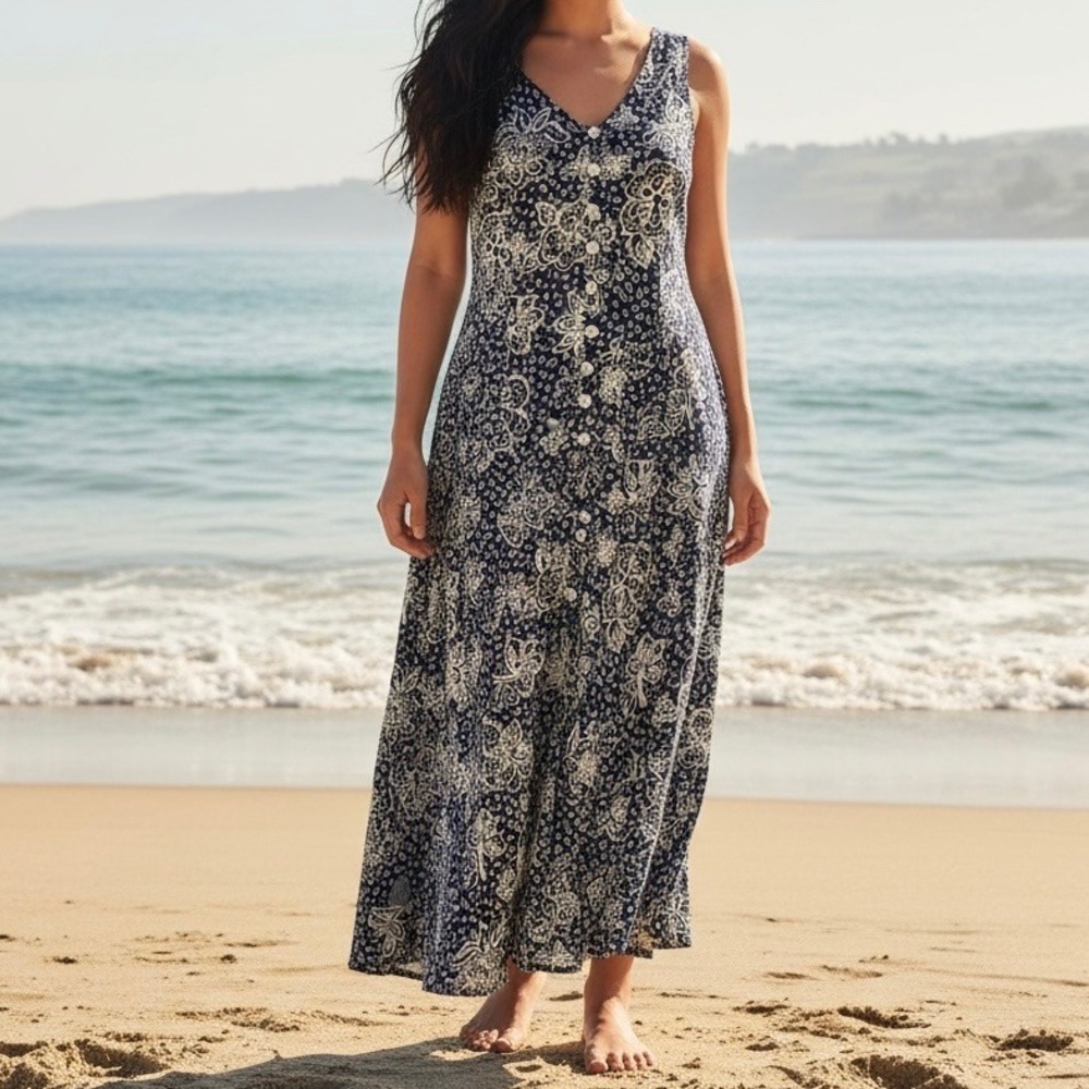 Dressbarn Womens Navy White Floral NWT Button Front Maxi Dress 10 Coastal Summer